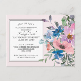 Postal Fiesta de graduación floral con acuarela rosa y pú