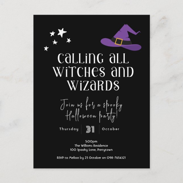 Postal Fiesta de Halloween, brujas y magos (Anverso)