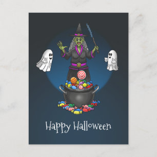 Postal Fiesta de Halloween con truco de brujas y fantasma