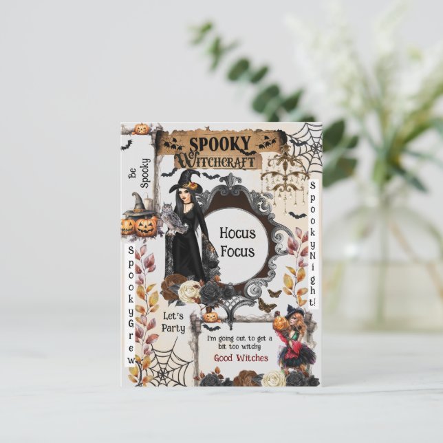 Postal Fiesta de Halloween de Brujas Espeluznantes (Anverso de pie)