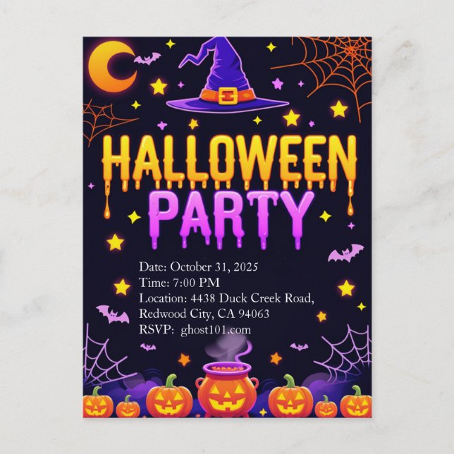 Postal Fiesta de Halloween del Sombrero de Bruja (Anverso)