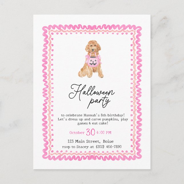 Postal Fiesta de Halloween Perro Rosa Preppy Pumpkin  (Anverso)