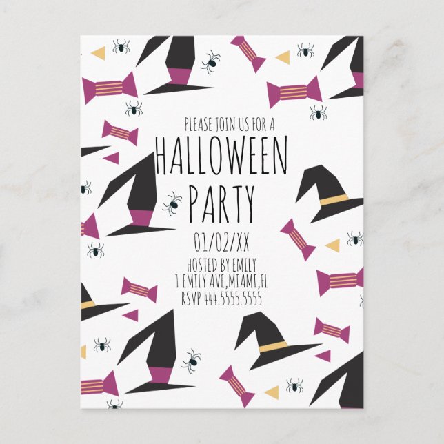 Postal Fiesta de Halloween Sombrero de Bruja Araña Dulces (Anverso)