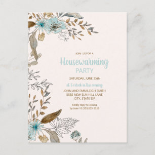 Postal Fiesta de inauguración floral hojas boho azul marr