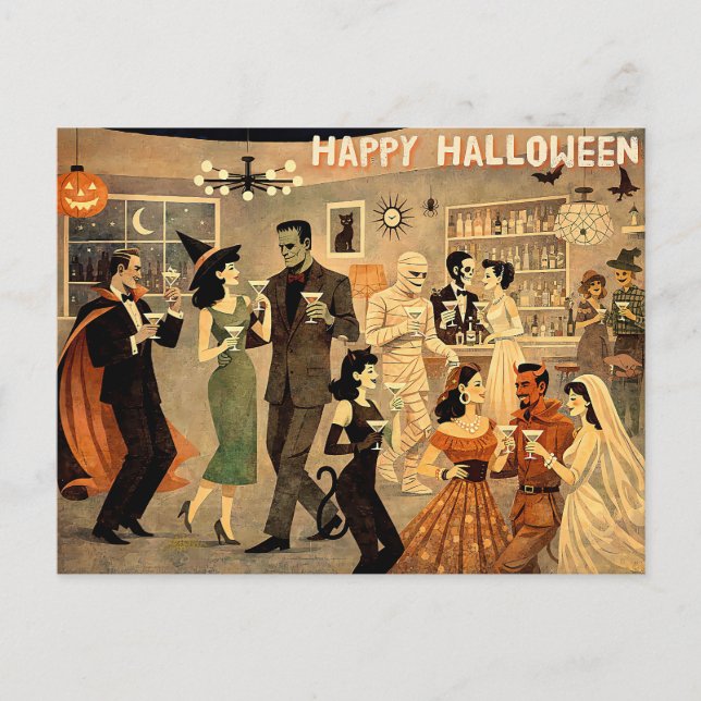 Postal Fiesta de Martini de Halloween Retro de mediados d (Anverso)