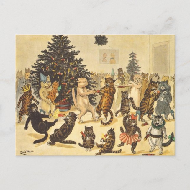 Postal Fiesta de Navidad de Louis Wain (Anverso)