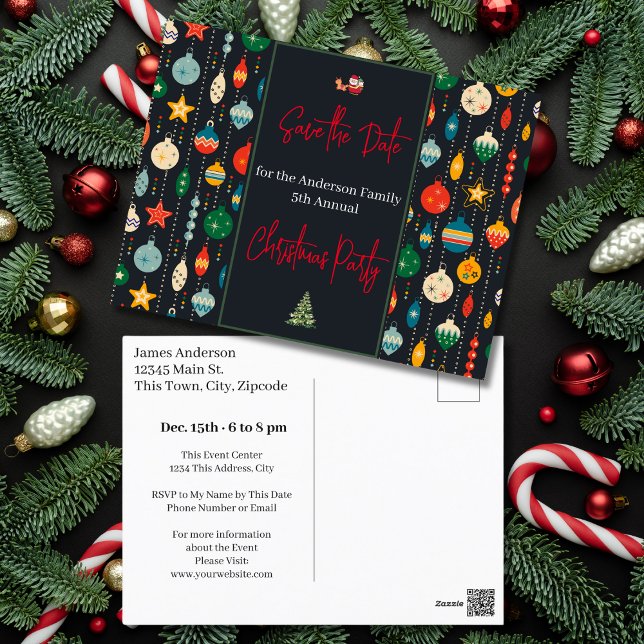 Postal Fiesta de Navidades familiares Guardar los adornos (Family Christmas Party Save the Date Ornaments Postcard)