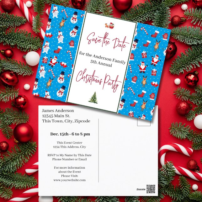 Postal Fiesta de Navidades familiares salva a Snowman (Family Christmas Party Save the Date Snowman Postcard)