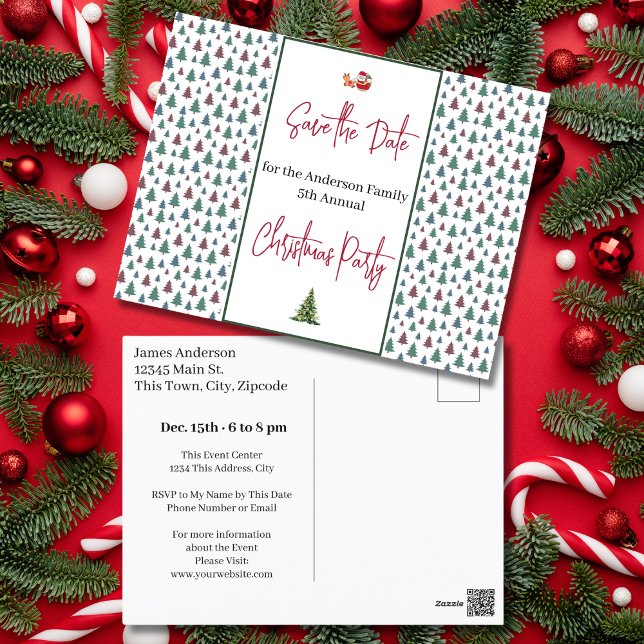 Postal Fiesta de Navidades familiares salva árboles de ci (Family Christmas Party Save the Date Trees Postcard)