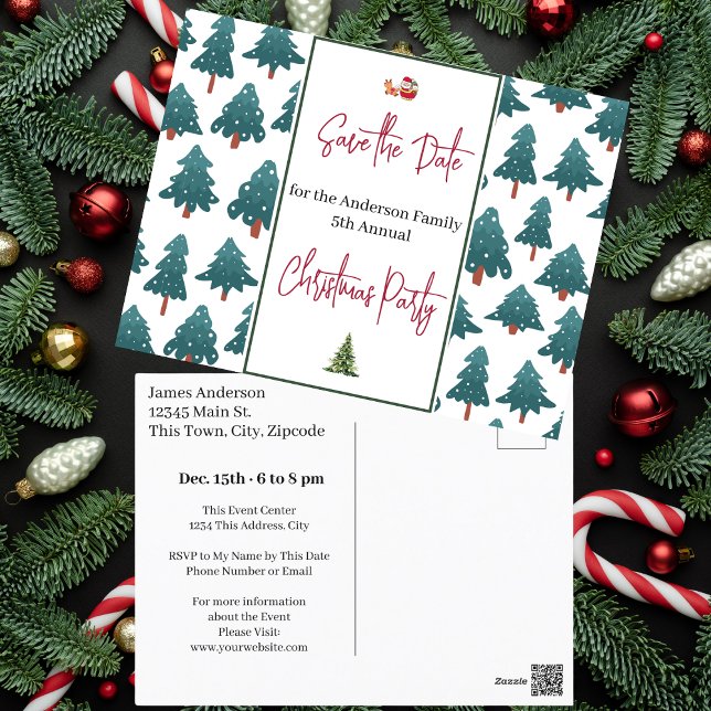 Postal Fiesta de Navidades familiares salva árboles de ci (Family Christmas Party Save the Date Trees Postcard)