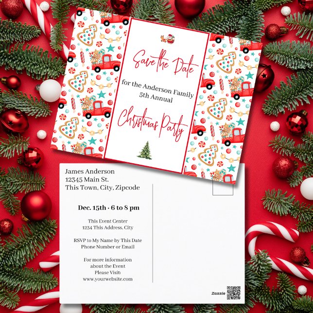 Postal Fiesta de Navidades familiares salva el Camión Roj (Family Christmas Party Save the Date Red Truck Postcard)