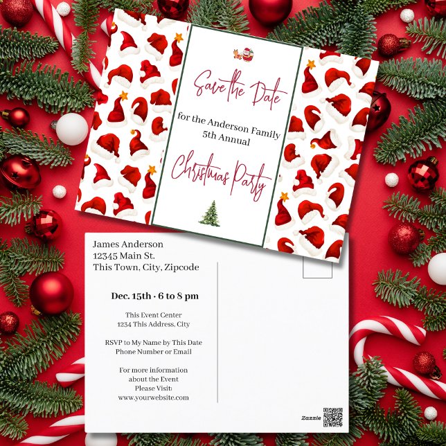 Postal Fiesta de Navidades familiares salva la fecha de S (Family Christmas Party Save the Date Santa Hat Postcard)