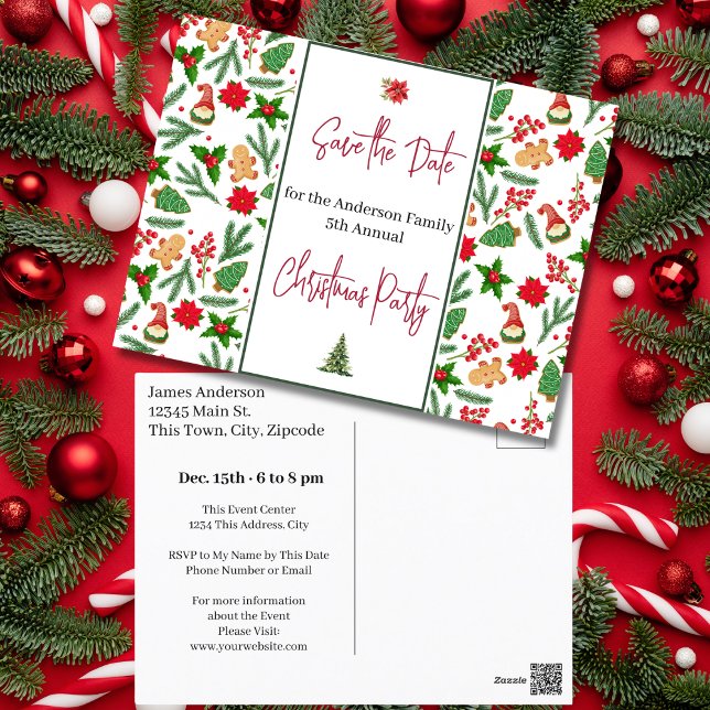 Postal Fiesta de Navidades familiares salva la fecha Holl (Family Christmas Party Save the Date Holly Berry Postcard)