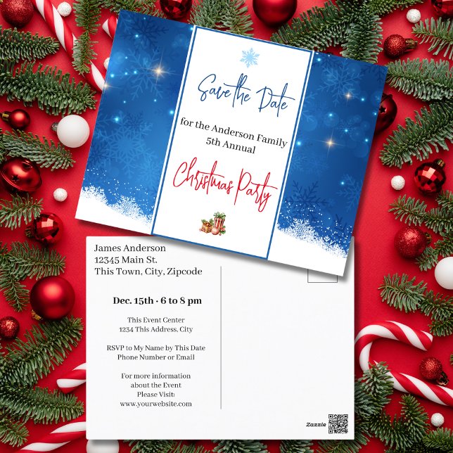 Postal Fiesta de Navidades familiares salva los copos de  (Family Christmas Party Save the Date Snowflakes Postcard)