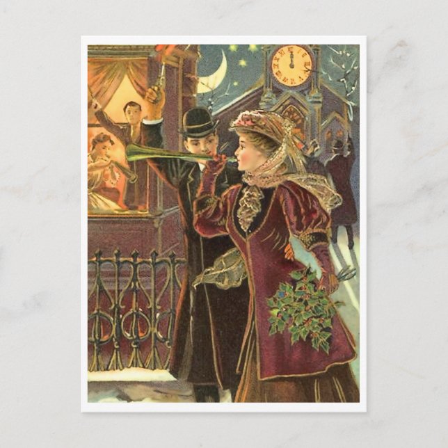 Postal Fiesta de Nochevieja a medianoche, pareja en la ca (Anverso)