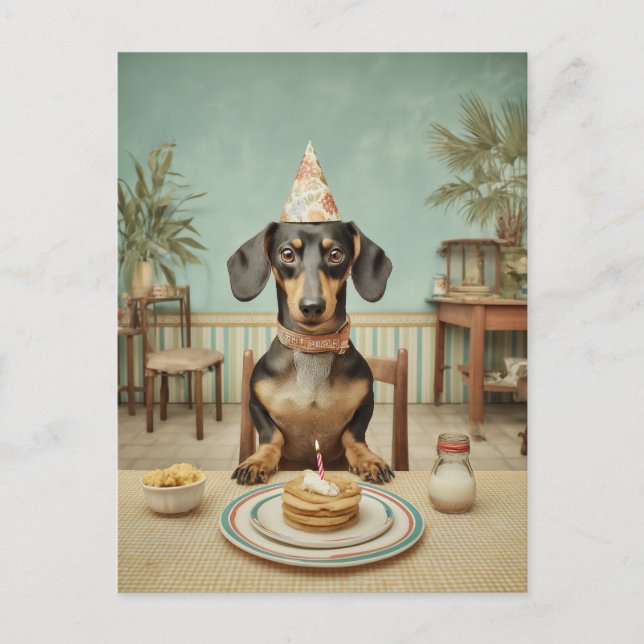 Postal Fiesta de Panqueques de Cumpleaños de Dachshund (Anverso)
