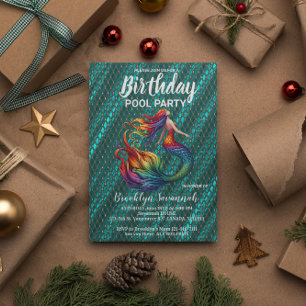 Postal Fiesta de Piscina Cola de Sirena Turquesa Oro Verd