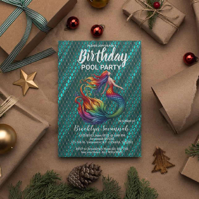 Postal Fiesta de Piscina Cola de Sirena Turquesa Oro Verd (Subido por el creador)