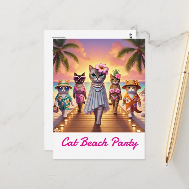 Postal Fiesta de playa para gatos amantes de la temática  (Anverso/Reverso In Situ)