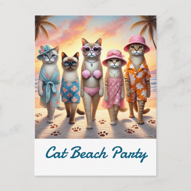 Postal Fiesta de playa para gatos amantes de la temática  (Anverso)