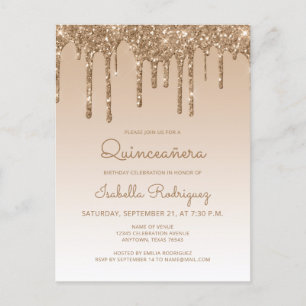 Postal Fiesta de Quinceañera con Drips de Purpurina Dorad