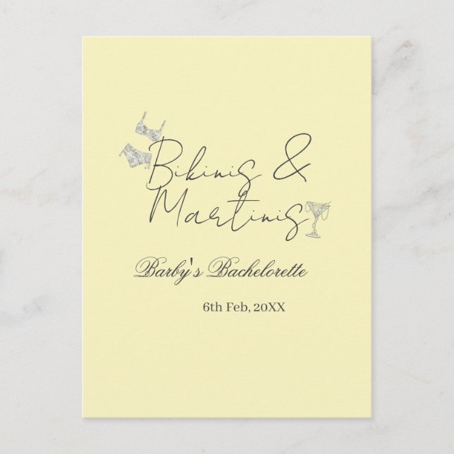 Postal Fiesta de soltera Bikins & Martinis amarillo retro (Anverso)