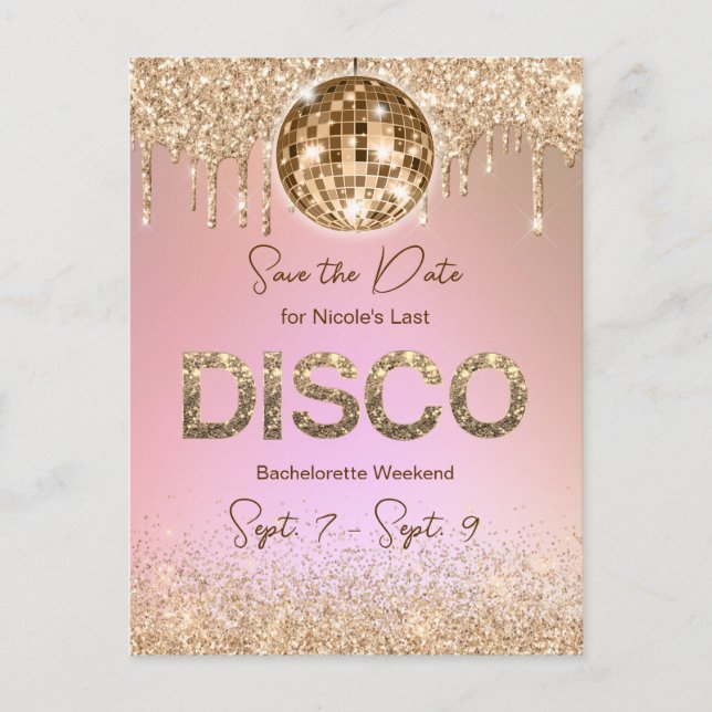 Postal Fiesta de Soltera Disco Rosa Oro Save The Date (Anverso)
