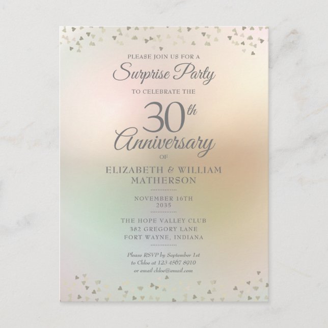 Postal Fiesta de Sorpresa 30 Aniversario Corazones Confet (Anverso)