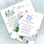 Postal Fiesta de sorpresa Hydrangea Rosa 21º cumpleaños<br><div class="desc">Flores de hortensias azules y rosas de flores ruidosos decoran un marco oval dorado. Un botánico moderno abierto y aireado.</div>