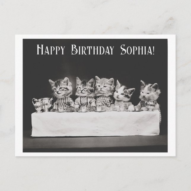 Postal Fiesta de té de cumpleaños de gato con sabor vinta (Anverso)