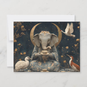 Postal Fiesta De Té De Elefante Mítico Bajo Crescent Moon