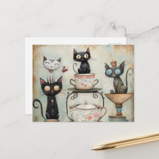 Postal Fiesta de té de gatos caprichosos
