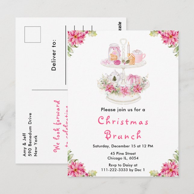Postal Fiesta de Té de Navidad Holiday Rosa (Anverso / Reverso)