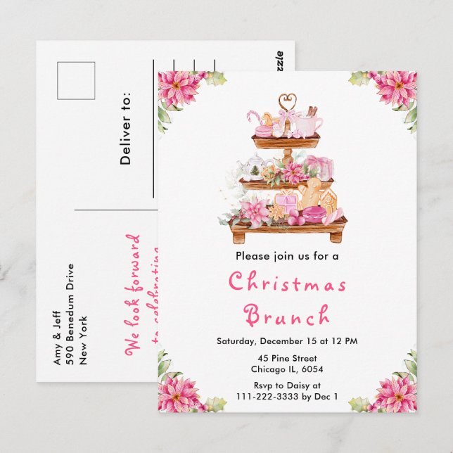 Postal Fiesta de Té de Navidad Rosa (Anverso / Reverso)