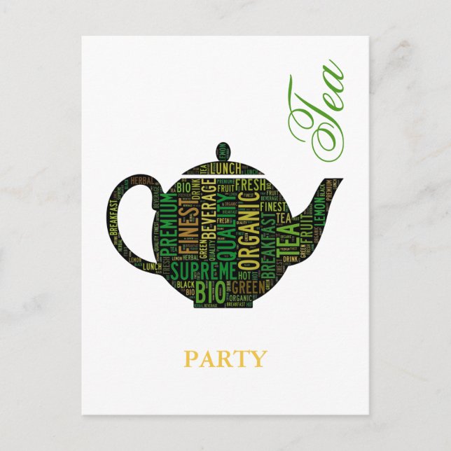 Postal Fiesta de té - Diseño de texto de tetera negra (Anverso)