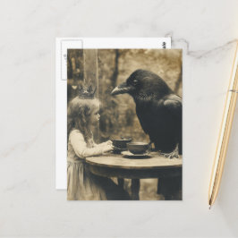 Postal Fiesta de Té Raven y Niños Fantasía en Sepia