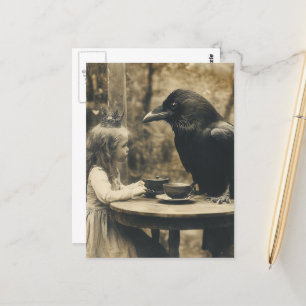 Postal Fiesta de Té Raven y Niños Fantasía en Sepia