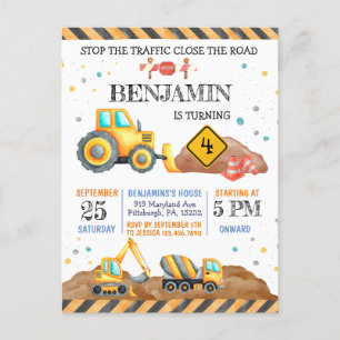 Postal Fiesta de Vehículos de Construcción para Cumpleaño