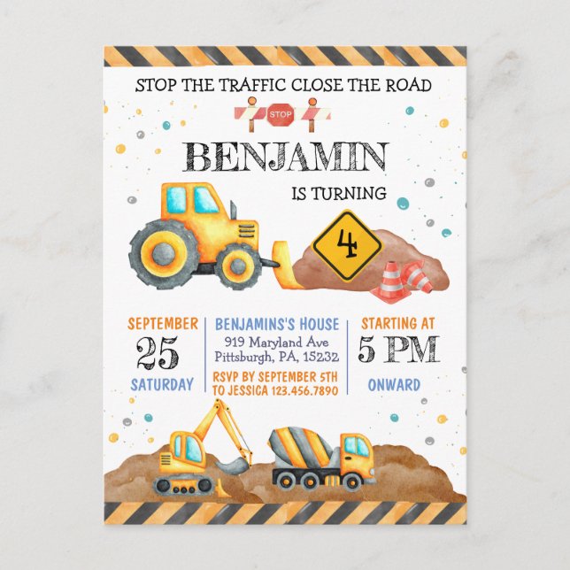 Postal Fiesta de Vehículos de Construcción para Cumpleaño (Anverso)