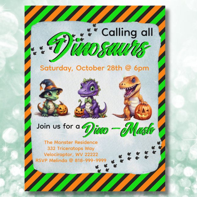 Postal Fiesta Dino-Mash de los dinosaurios de Halloween (Halloween Dinosaur Invitation Postcard in Orange & Green)