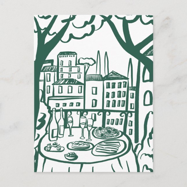 Postal Fiesta en la Terraza Ciudad Caprichosa Dibujada a  (Anverso)