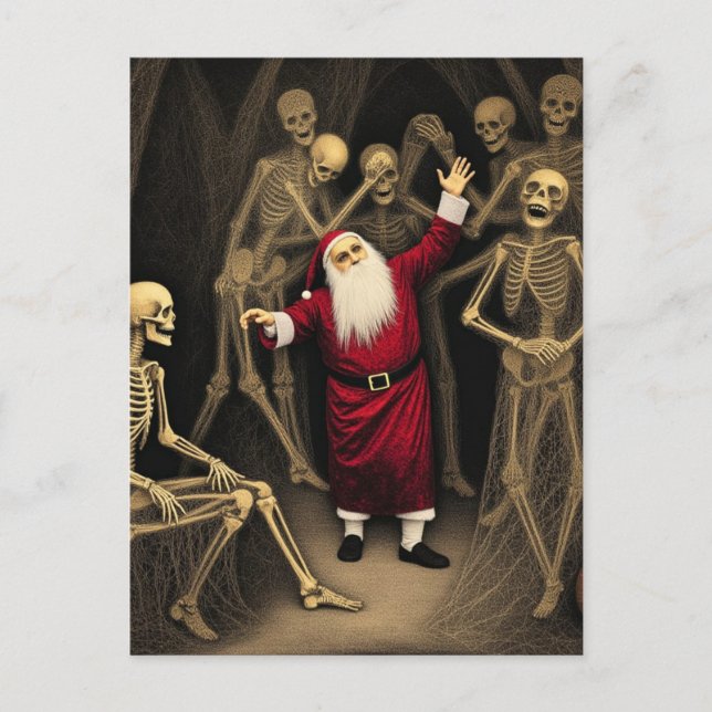 Postal Fiesta espeluznante con Santa y los esqueletos (Anverso)