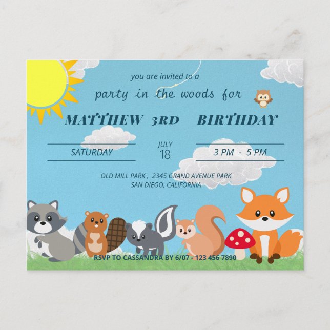 Postal Fiesta Linda En El Bosque Animales Cumpleaños Niño (Anverso)