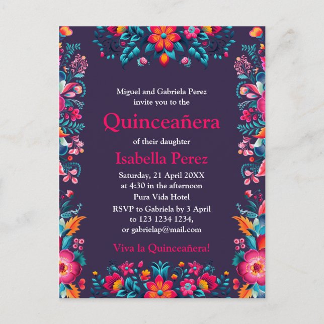 Postal Fiesta Mexicana Cumpleaños Quinceañera Floral Púrp (Anverso)