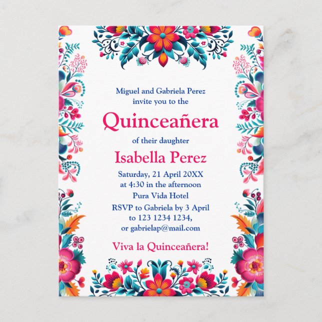 Postal Fiesta Mexicana de Cumpleaños Quinceañera Floral B (Anverso)