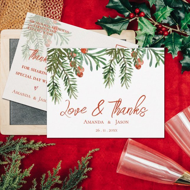 Postal Fiesta Navideña de Bodas de Bayas Rojas Gracias (Red Berries Christmas Festive Wedding Thank You Postcard)