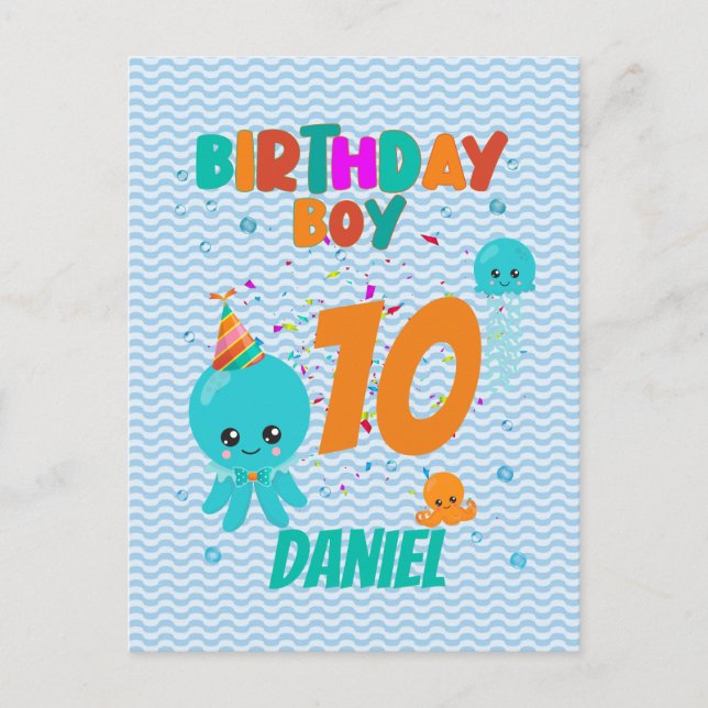 Postal Fiesta Octopus Underwater Sea Ocean Birthday Boy (Anverso)