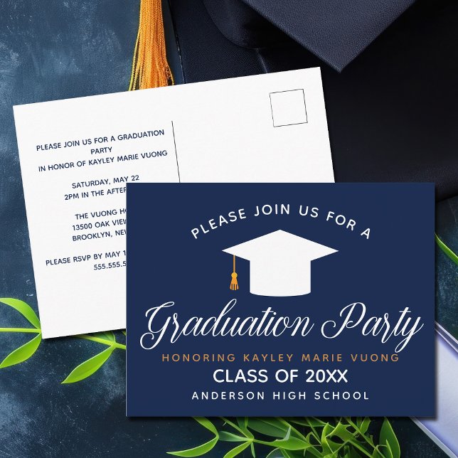 Postal Fiesta personalizada moderna Chic Azul Marino Grad (Subido por el creador)