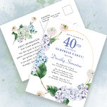 Postal Fiesta Sorpresa Hydrangea Rosa 40 cumpleaños<br><div class="desc">Flores de hortensias azules y rosas de flores ruidosos decoran un marco oval dorado. Un botánico moderno abierto y aireado.</div>