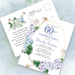 Postal Fiesta Sorpresa Hydrangea Rosa 60 cumpleaños<br><div class="desc">Flores de hortensias azules y rosas de flores ruidosos decoran un marco oval dorado. Un botánico moderno abierto y aireado.</div>